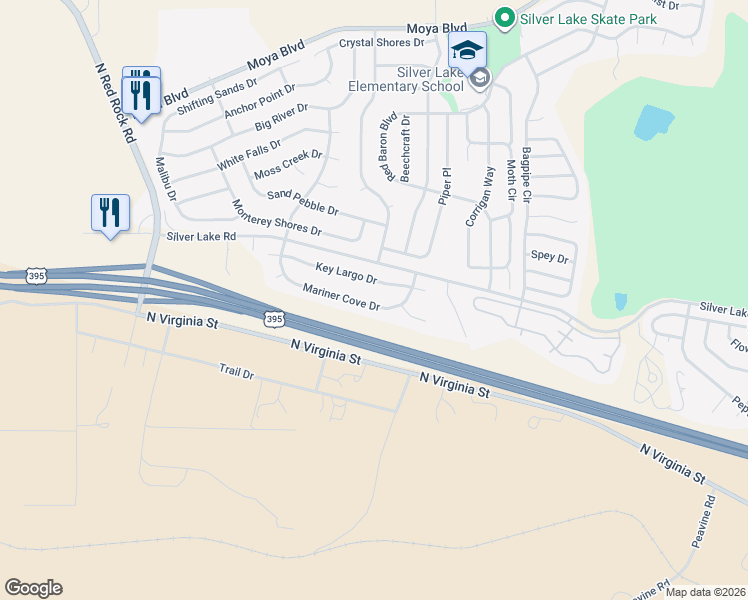 map of restaurants, bars, coffee shops, grocery stores, and more near 7731 Mariner Cove Drive in Reno