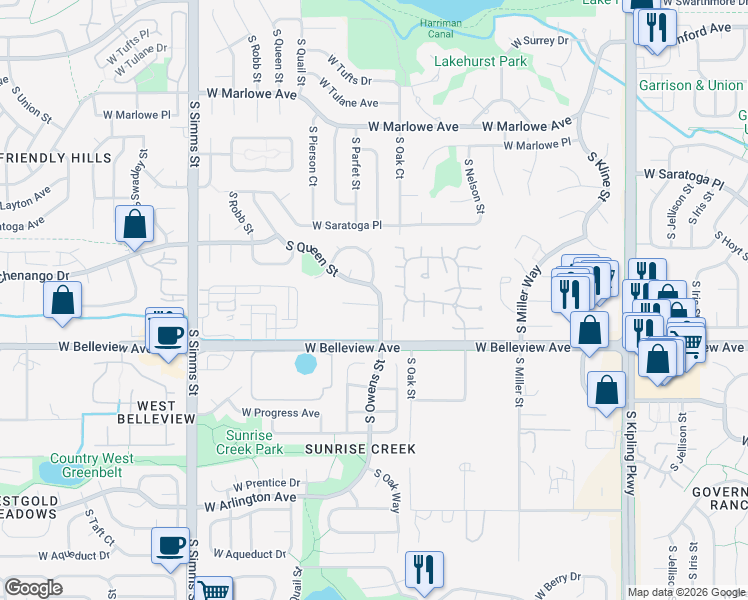 map of restaurants, bars, coffee shops, grocery stores, and more near 5043 South Owens Street in Littleton