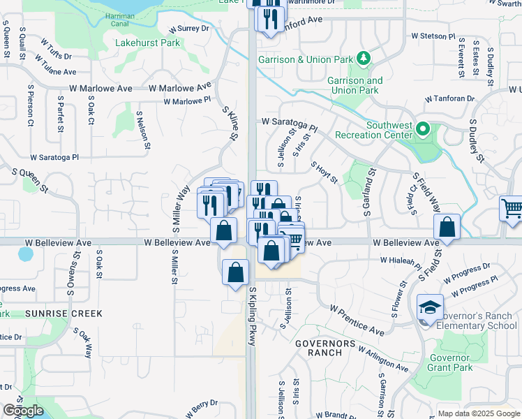 map of restaurants, bars, coffee shops, grocery stores, and more near 5041 South Jellison Way in Littleton
