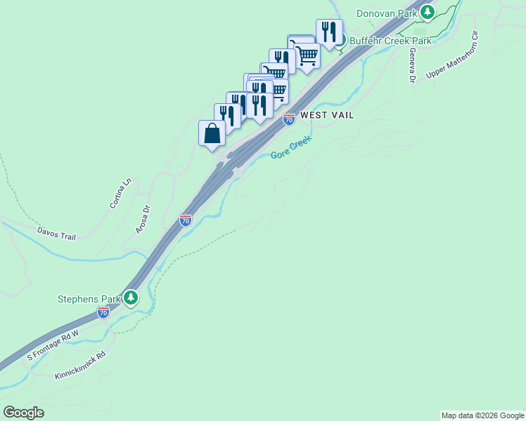 map of restaurants, bars, coffee shops, grocery stores, and more near 2115 Vermont Road in Vail