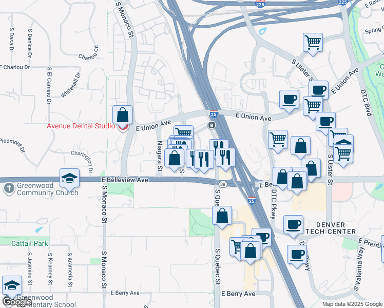 map of restaurants, bars, coffee shops, grocery stores, and more near 6785 East Chenango Avenue in Denver