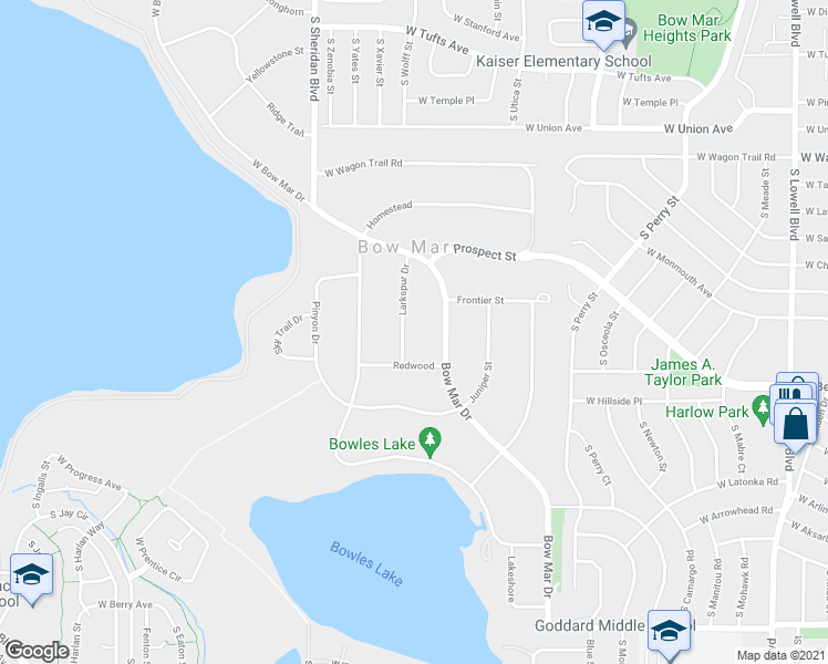 map of restaurants, bars, coffee shops, grocery stores, and more near 5000 Larkspur Drive in Littleton