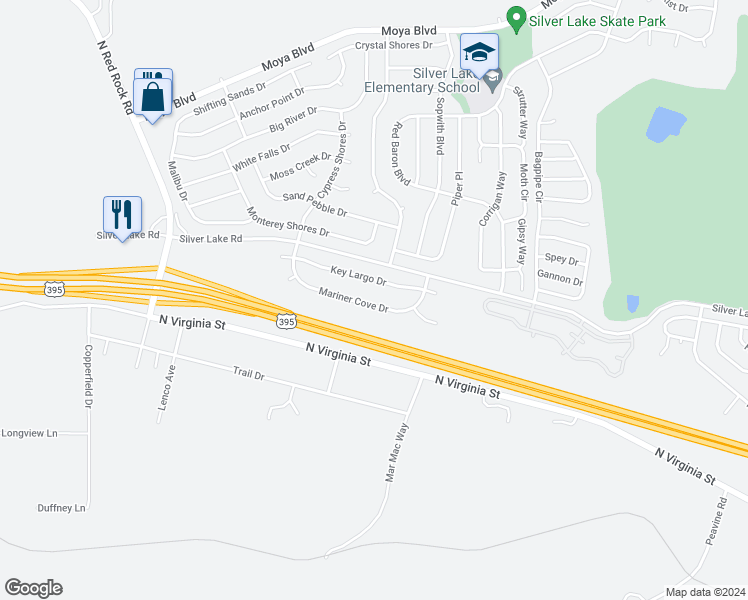 map of restaurants, bars, coffee shops, grocery stores, and more near 7801 Mariner Cove Drive in Reno