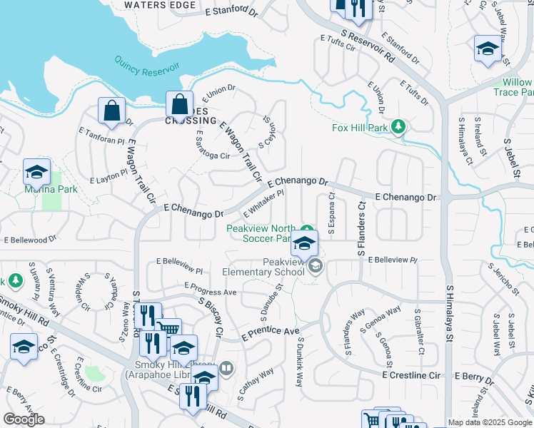 map of restaurants, bars, coffee shops, grocery stores, and more near 19128 East Grand Circle in Aurora