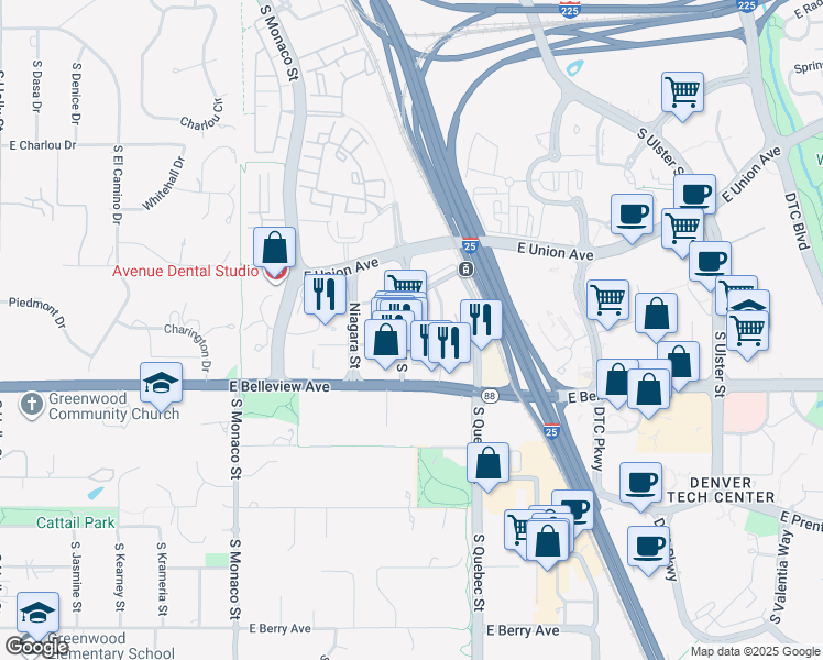 map of restaurants, bars, coffee shops, grocery stores, and more near 4882 South Newport Street in Denver