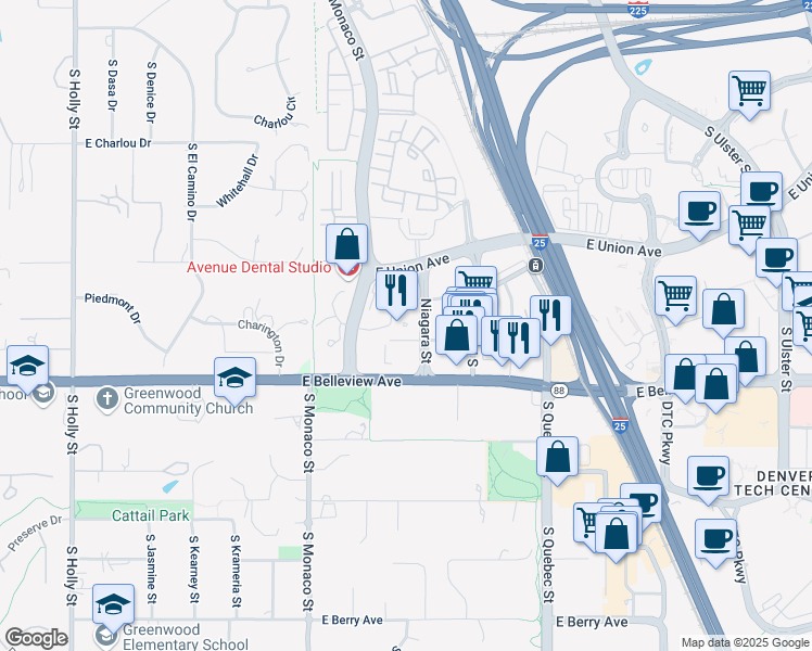 map of restaurants, bars, coffee shops, grocery stores, and more near 4855 Niagara Street in Denver
