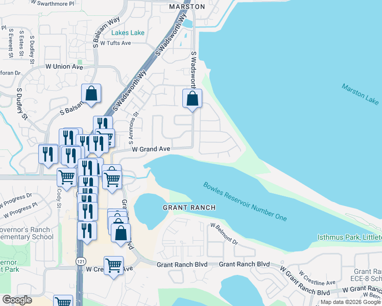map of restaurants, bars, coffee shops, grocery stores, and more near 7614 West Grand Avenue in Littleton
