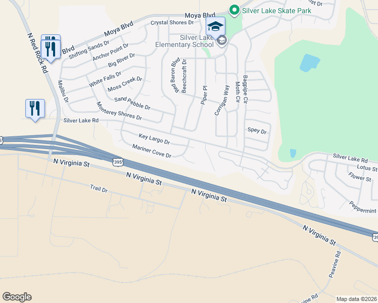 map of restaurants, bars, coffee shops, grocery stores, and more near 7655 Mariner Cove Court in Reno