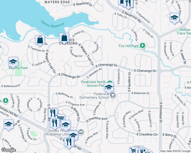 map of restaurants, bars, coffee shops, grocery stores, and more near 19128 East Grand Circle in Aurora