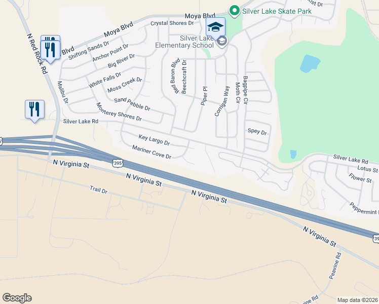 map of restaurants, bars, coffee shops, grocery stores, and more near 7655 Mariner Cove Court in Reno