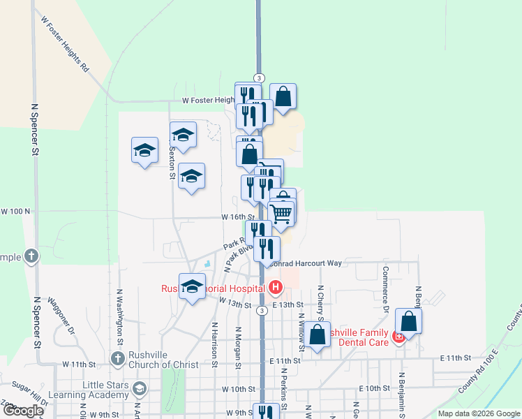 map of restaurants, bars, coffee shops, grocery stores, and more near 1604 North Main Street in Rushville