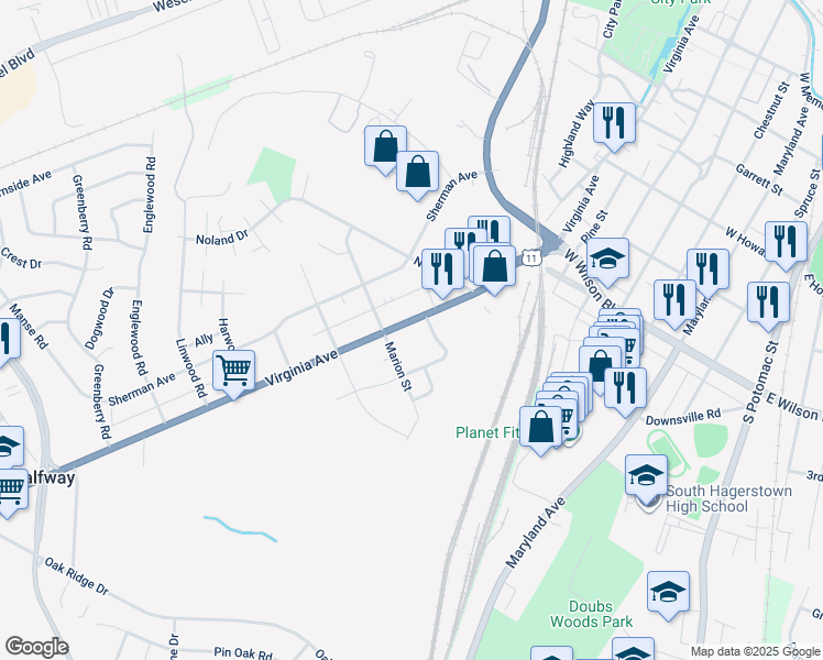 map of restaurants, bars, coffee shops, grocery stores, and more near 1110 Virginia Avenue in Hagerstown