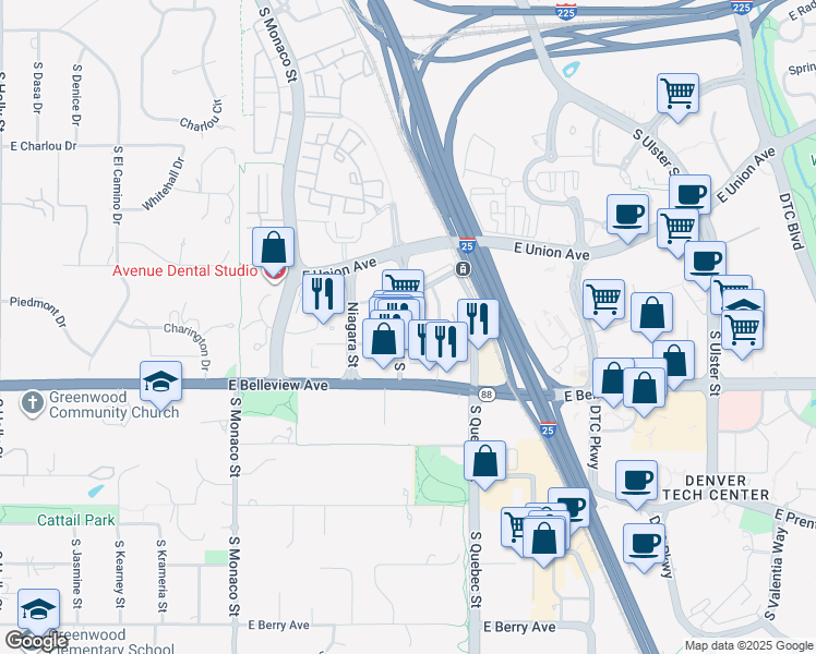 map of restaurants, bars, coffee shops, grocery stores, and more near 4882 South Newport Street in Denver