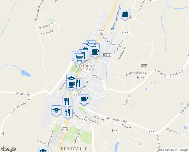 map of restaurants, bars, coffee shops, grocery stores, and more near 415 Fairfax St in Bath (Berkeley Springs)
