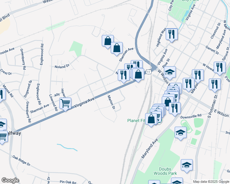 map of restaurants, bars, coffee shops, grocery stores, and more near 1110 Virginia Avenue in Hagerstown