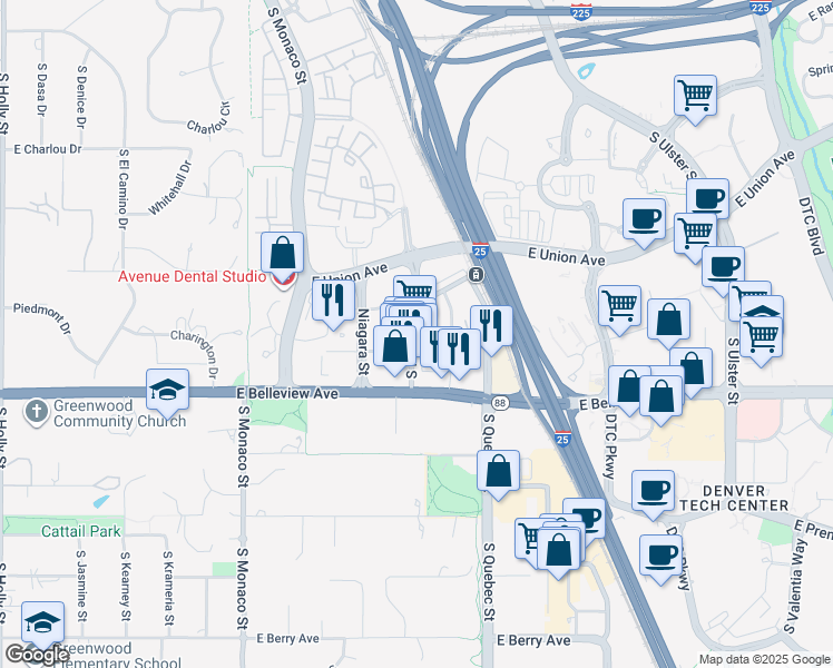 map of restaurants, bars, coffee shops, grocery stores, and more near 4882 South Newport Street in Denver
