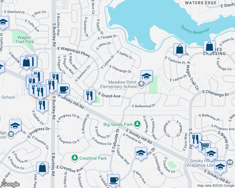 map of restaurants, bars, coffee shops, grocery stores, and more near 17564 East Grand Avenue in Aurora
