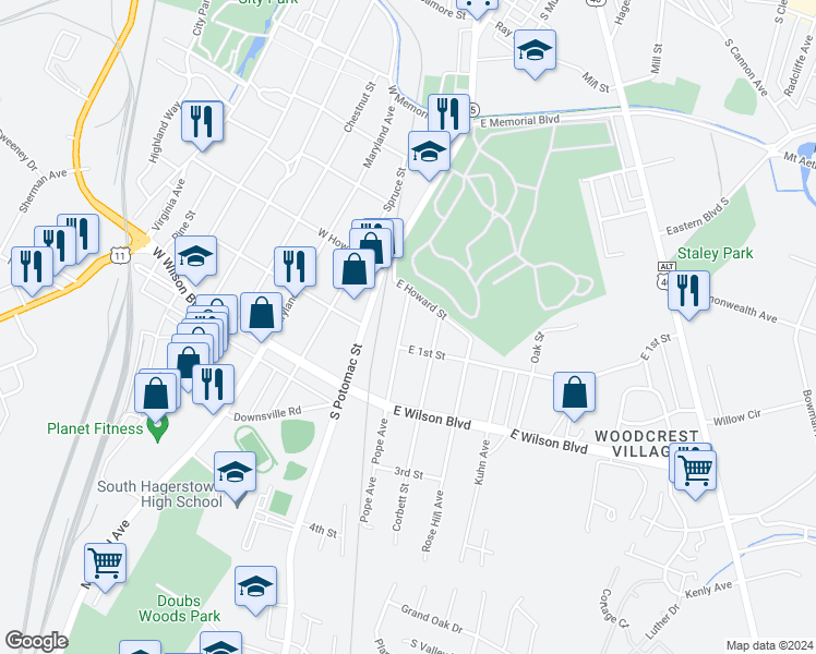 map of restaurants, bars, coffee shops, grocery stores, and more near 826 Pope Avenue in Hagerstown