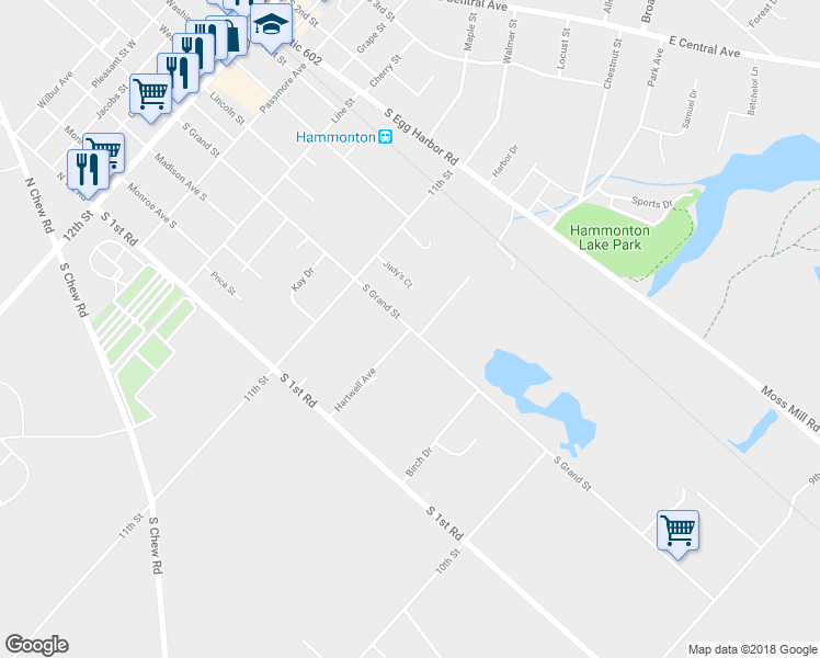 map of restaurants, bars, coffee shops, grocery stores, and more near 342 Grand Street South in Hammonton