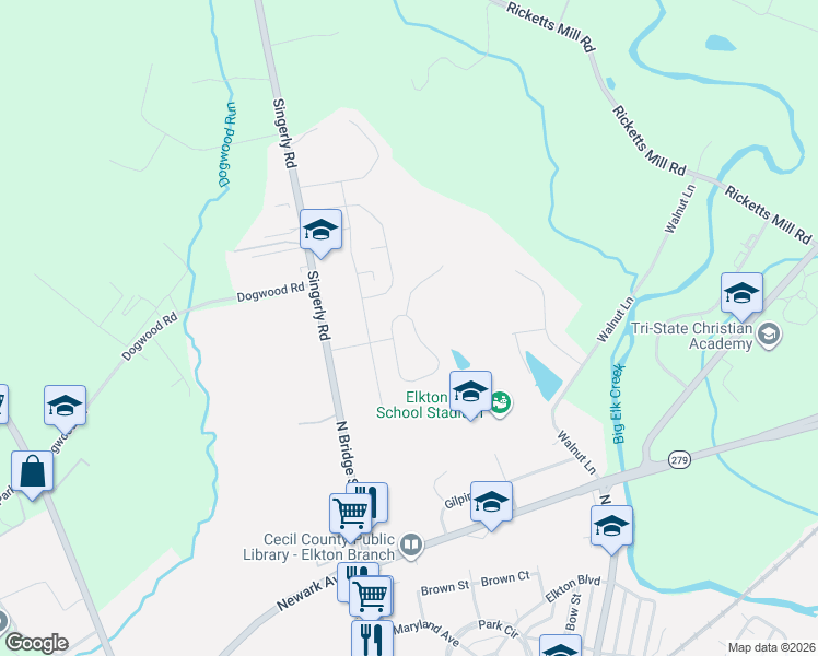 map of restaurants, bars, coffee shops, grocery stores, and more near 37 Jesse Boyd Circle in Elkton