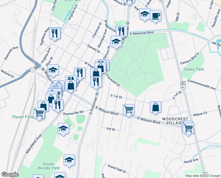 map of restaurants, bars, coffee shops, grocery stores, and more near 824 Pope Avenue in Hagerstown