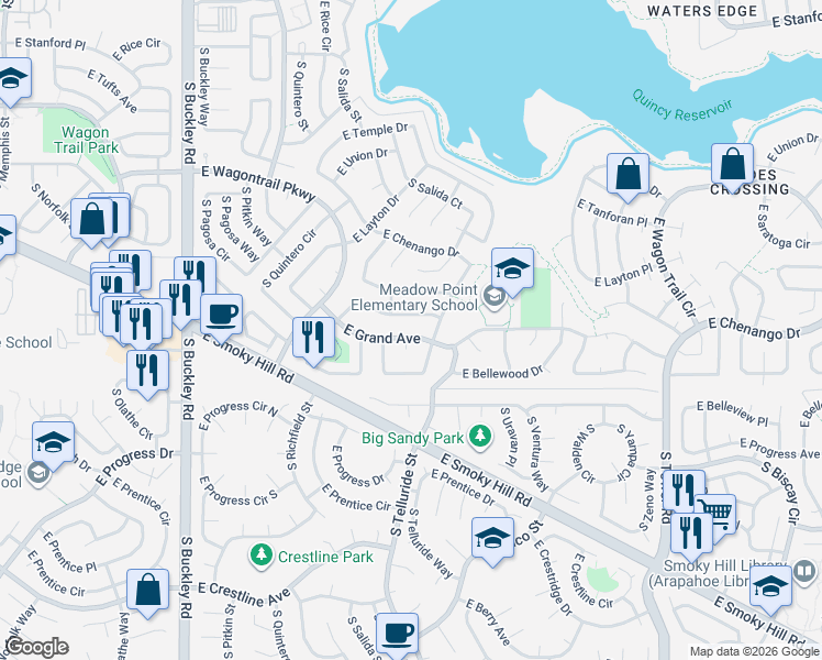 map of restaurants, bars, coffee shops, grocery stores, and more near 17564 East Grand Avenue in Aurora