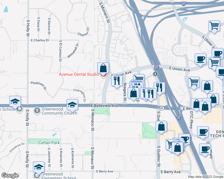 map of restaurants, bars, coffee shops, grocery stores, and more near 4855 Niagara Street in Denver