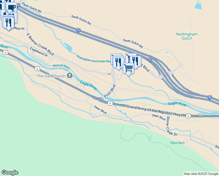 map of restaurants, bars, coffee shops, grocery stores, and more near 2-68 Nottingham Ranch Road in Avon