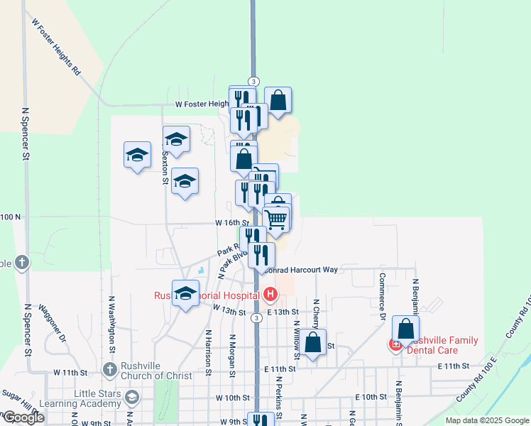 map of restaurants, bars, coffee shops, grocery stores, and more near 1608 North Main Street in Rushville
