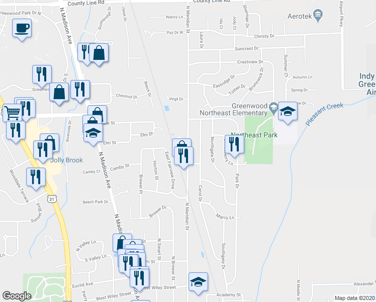 map of restaurants, bars, coffee shops, grocery stores, and more near North Meridian Street in Greenwood