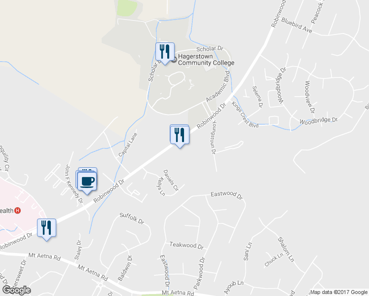 map of restaurants, bars, coffee shops, grocery stores, and more near 11359 Robinwood Dr in Hagerstown