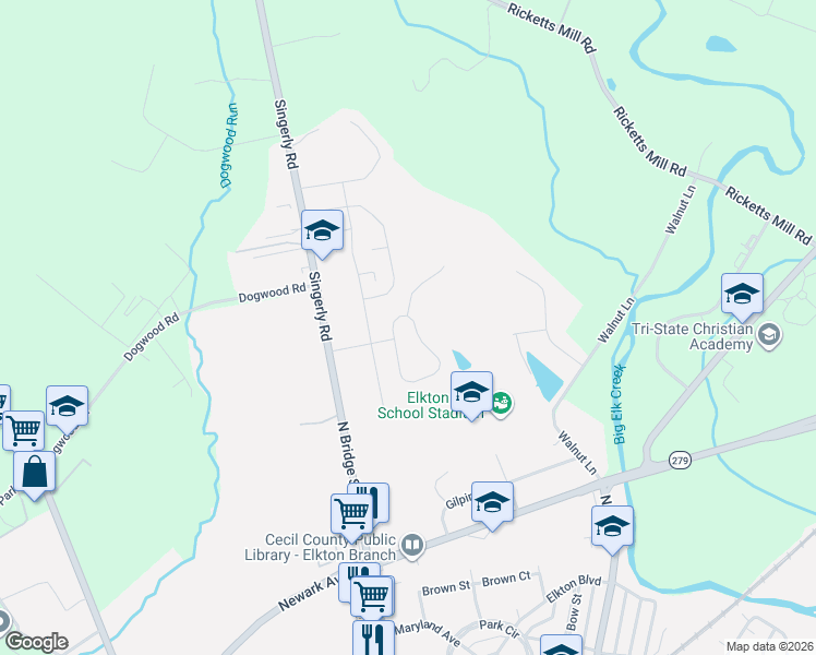 map of restaurants, bars, coffee shops, grocery stores, and more near 37 Jesse Boyd Circle in Elkton