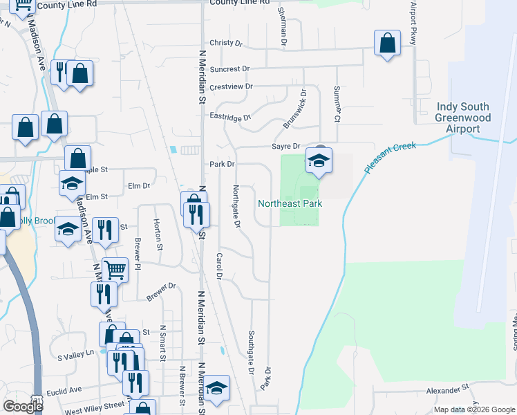 map of restaurants, bars, coffee shops, grocery stores, and more near 607 Gooseberry Lane in Greenwood
