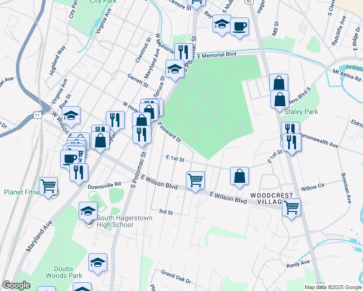 map of restaurants, bars, coffee shops, grocery stores, and more near 800 Corbett Street in Hagerstown