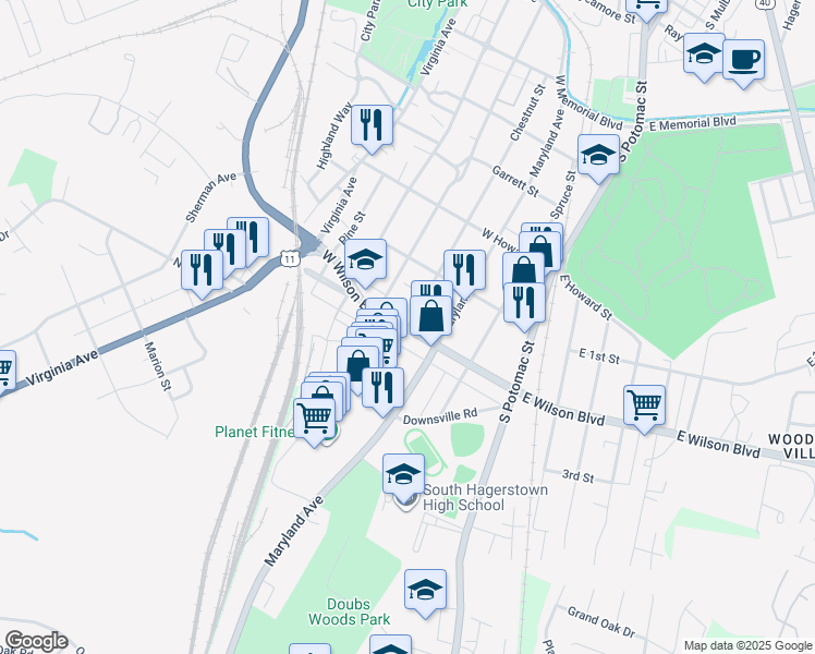 map of restaurants, bars, coffee shops, grocery stores, and more near West Wilson Boulevard in Hagerstown
