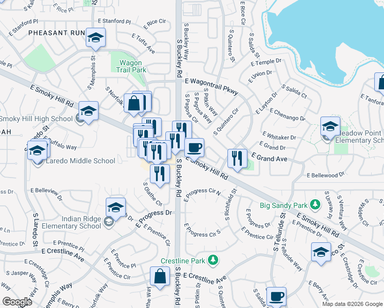 map of restaurants, bars, coffee shops, grocery stores, and more near 17000 East Smoky Hill Road in Centennial