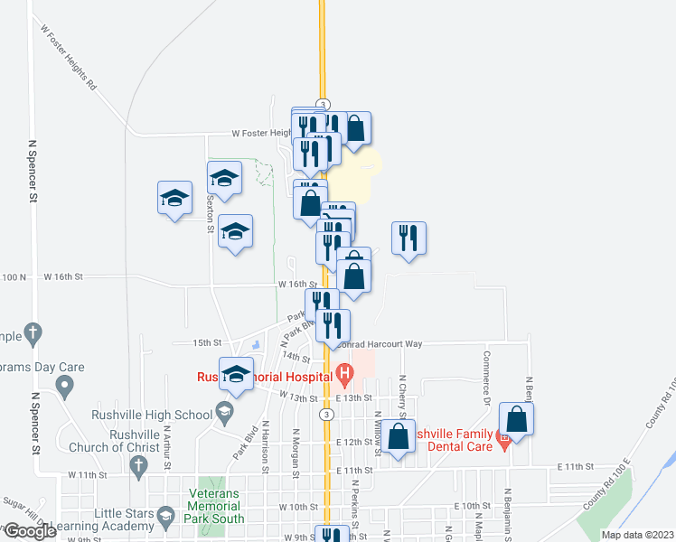 map of restaurants, bars, coffee shops, grocery stores, and more near 1612 North Main Street in Rushville