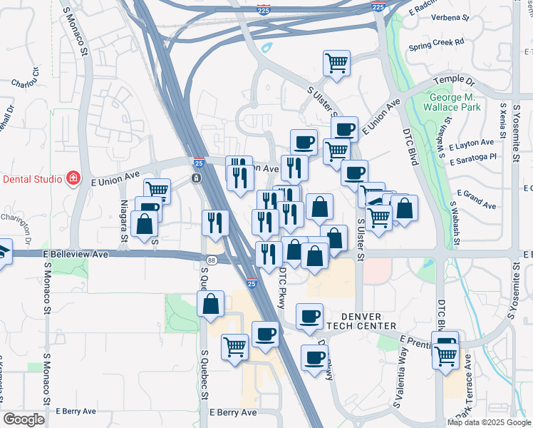 map of restaurants, bars, coffee shops, grocery stores, and more near 4949 South Syracuse Street in Denver