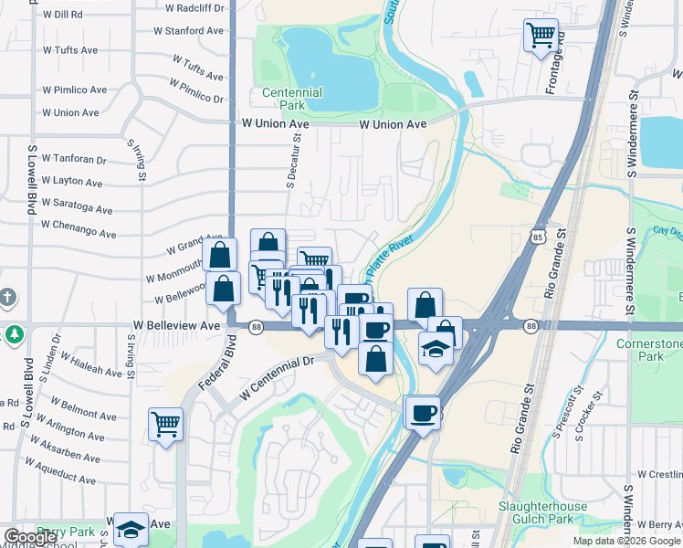 map of restaurants, bars, coffee shops, grocery stores, and more near 2755 West Belleview Avenue in Littleton