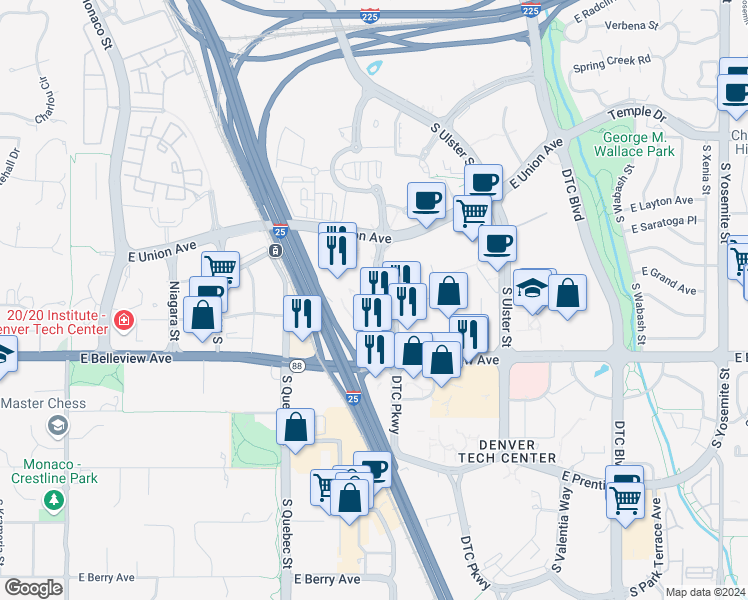 map of restaurants, bars, coffee shops, grocery stores, and more near 4949 South Syracuse Street in Denver
