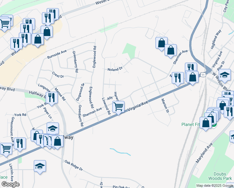 map of restaurants, bars, coffee shops, grocery stores, and more near 916 Harwood Road in Hagerstown