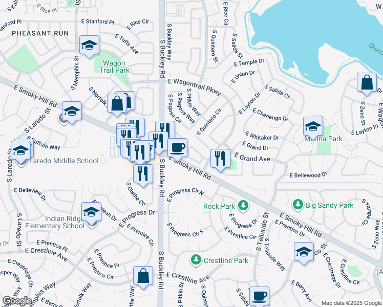 map of restaurants, bars, coffee shops, grocery stores, and more near 17197 East Whitaker Drive in Aurora