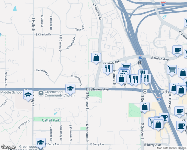 map of restaurants, bars, coffee shops, grocery stores, and more near 4901 South Monaco Street in Denver