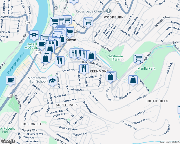 map of restaurants, bars, coffee shops, grocery stores, and more near 240 Dewey Street in Morgantown