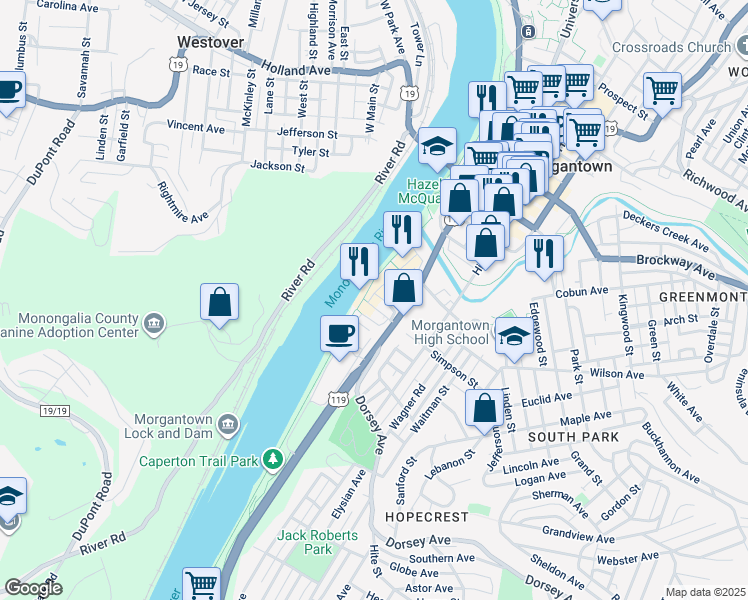 map of restaurants, bars, coffee shops, grocery stores, and more near 52 Donley Street in Morgantown