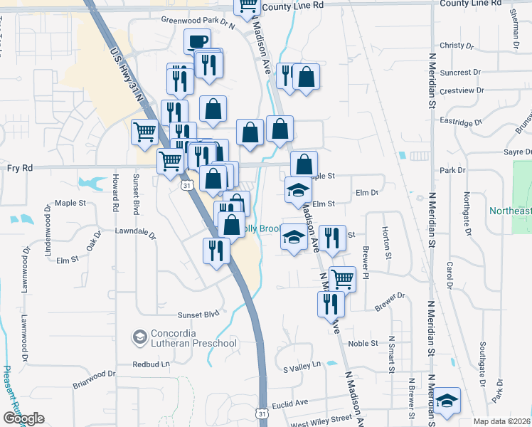 map of restaurants, bars, coffee shops, grocery stores, and more near 825 Riverside Drive in Greenwood