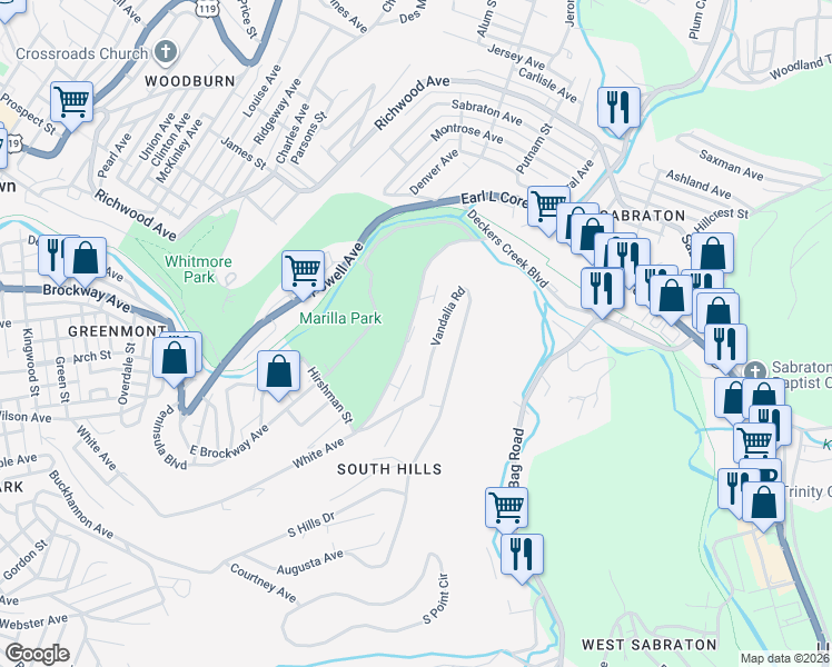 map of restaurants, bars, coffee shops, grocery stores, and more near 977 Vandalia Rd in Morgantown