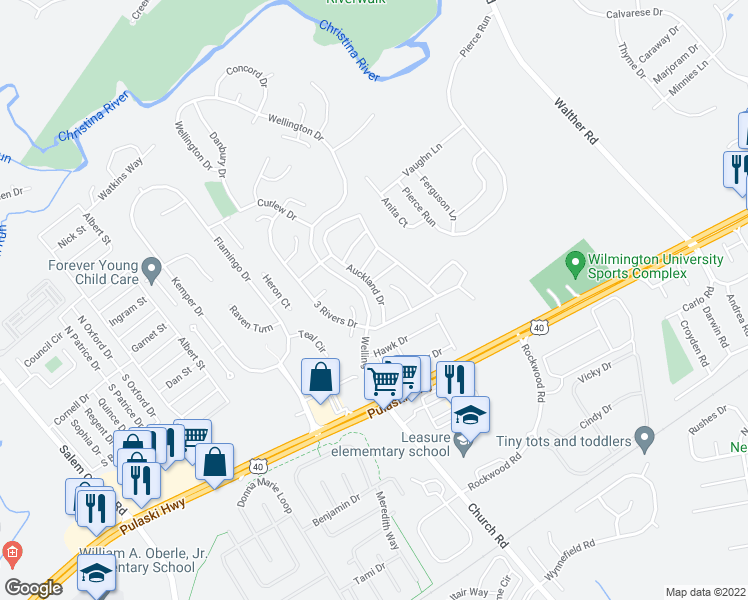 map of restaurants, bars, coffee shops, grocery stores, and more near 19 Auckland Drive in Newark
