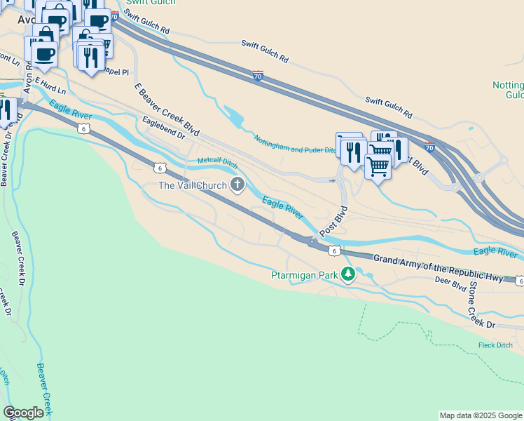 map of restaurants, bars, coffee shops, grocery stores, and more near 39255 U.S. 6 in Avon