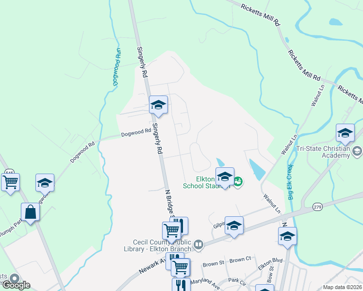 map of restaurants, bars, coffee shops, grocery stores, and more near 201 Mike Drive in Elkton